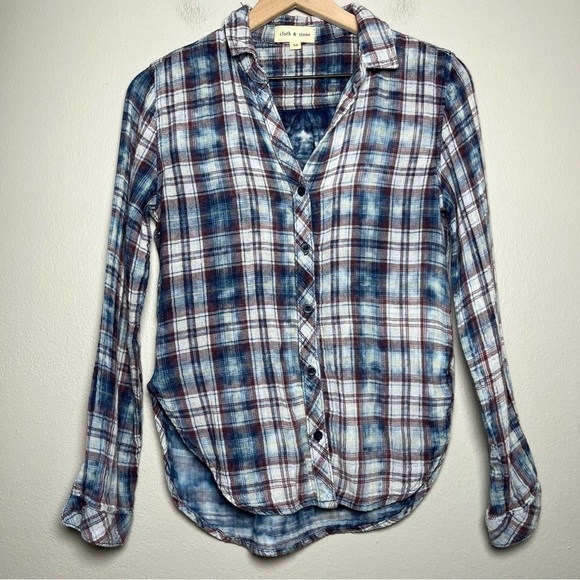 Cloth and Stone Anthropologie Women Flannel Shirt XS Blue‎ Plaid Gauze Grunge - Picture 1 of 9